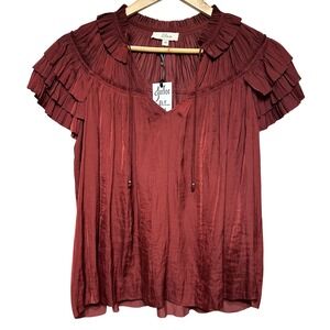 Elan Ruffled V-Neck Blouse Womens M Rust Flutter Sleeve Flowy Satin Feminine NEW
